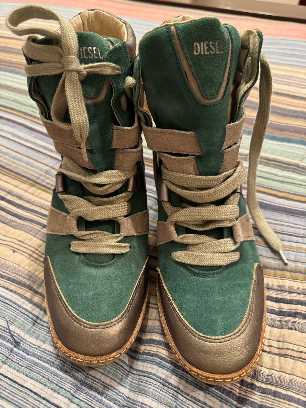 Vintage Y2K Diesel Green Suede Metallic Leather High-Top Wedge Sneakers
